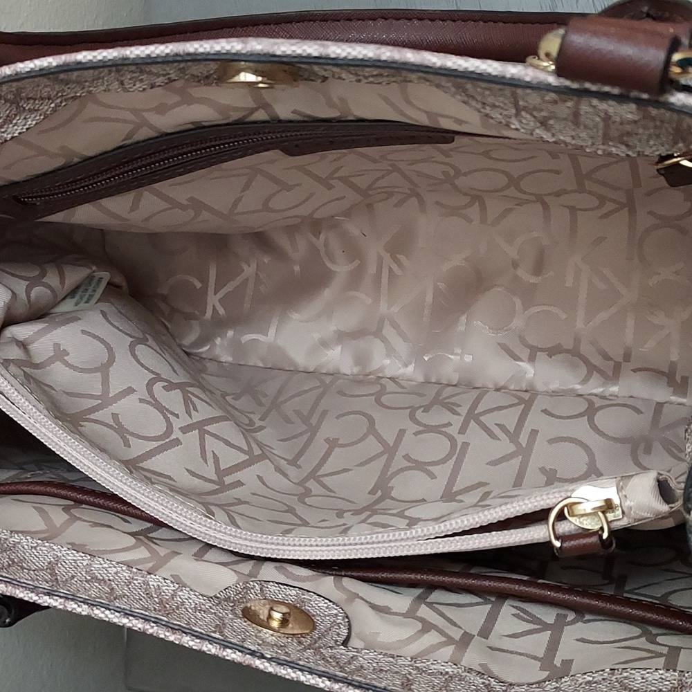 Calvin Klein Beige and Brown Monogram Satchel Bag - Picture 5 of 7